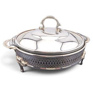 Vintage Silver-plate Casserole Server 1.5 Qt USA Glass Insert Domed Lid